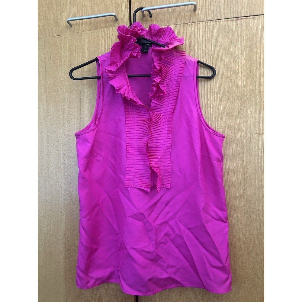 J. Crew Pure 100% Silk Sleeveless Ruffle Blouse Magenta Hot Pink Tank Size 8